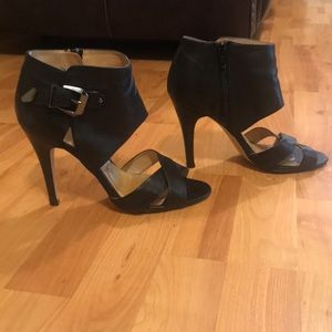 Aldo Black leather open toe heels.